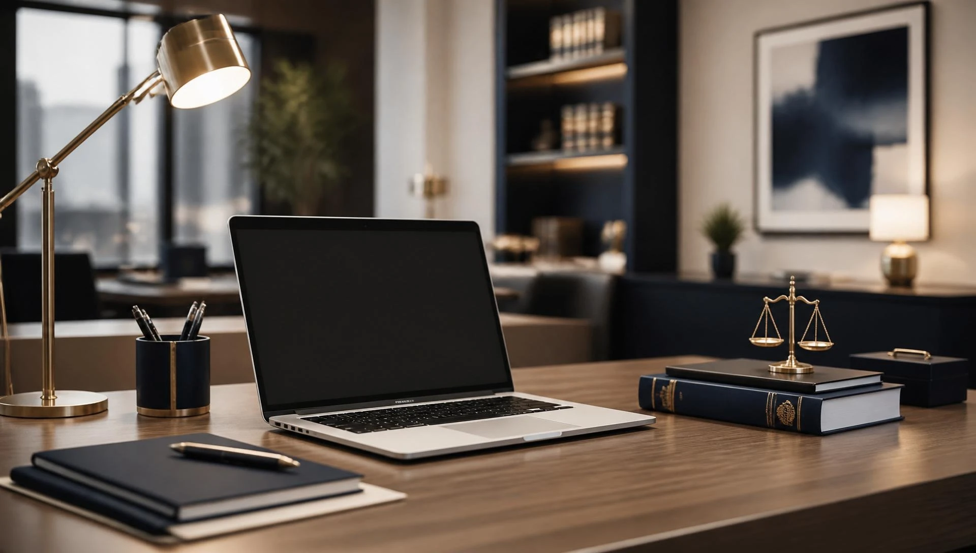 Mesa de escritório de advocacia com notebook, livros e balança
